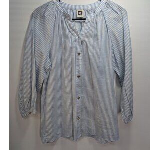 Anne Klein  White Blue Stripe Metallic Button-Down Long Sleeve Womens Top Size M